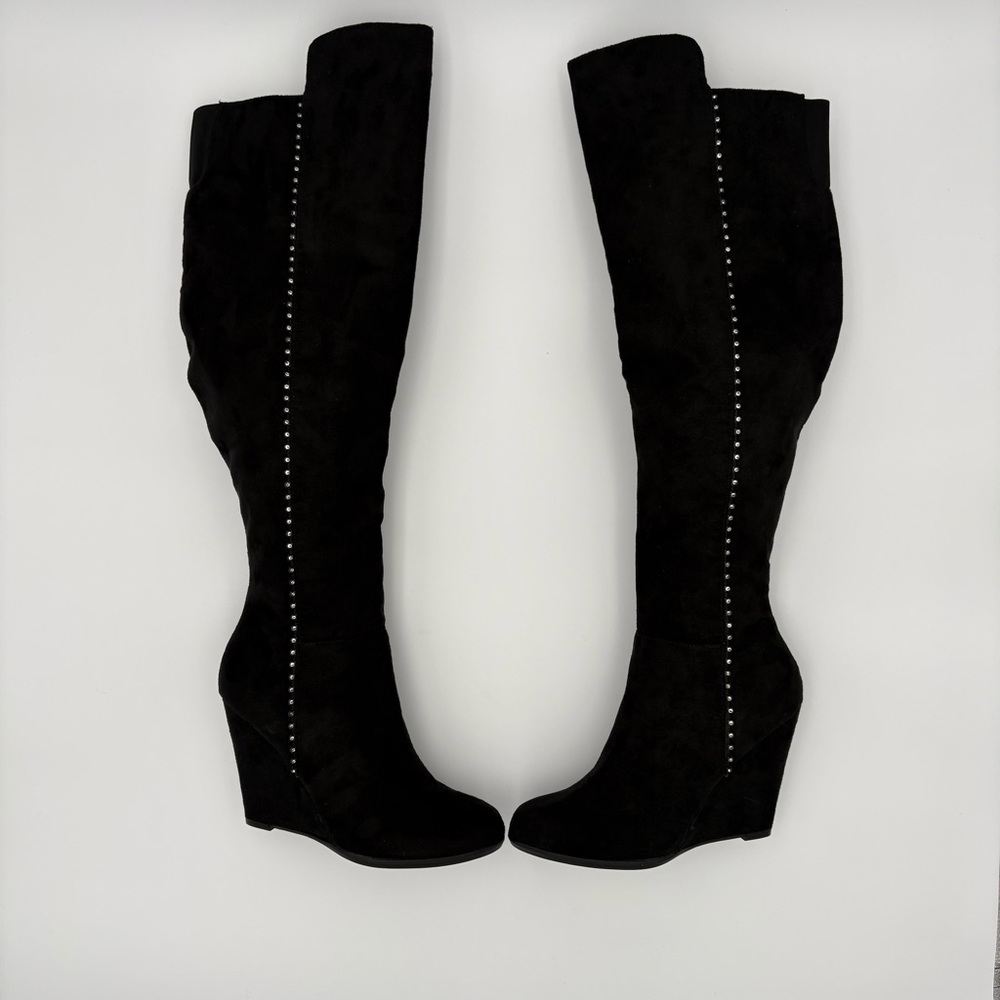 ✨ SOPHIE Black Suede Wedge Over-the-Knee Boots – Size 7.5 (Stud Detail)